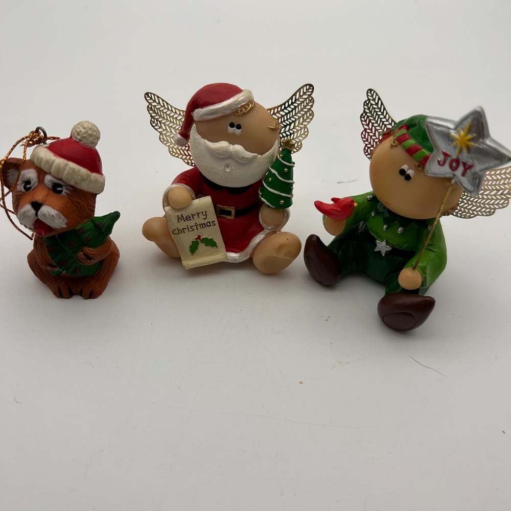Vintage Kirk Christmas Figurines Set of 3 Santa‎ Elf Angel Dog Filigree Wings